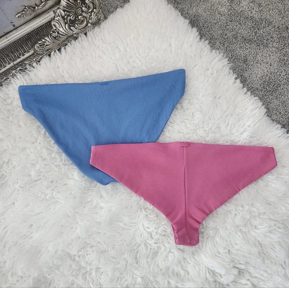 Roxy Ribbed Bikini Bottoms in Blue and Pink
